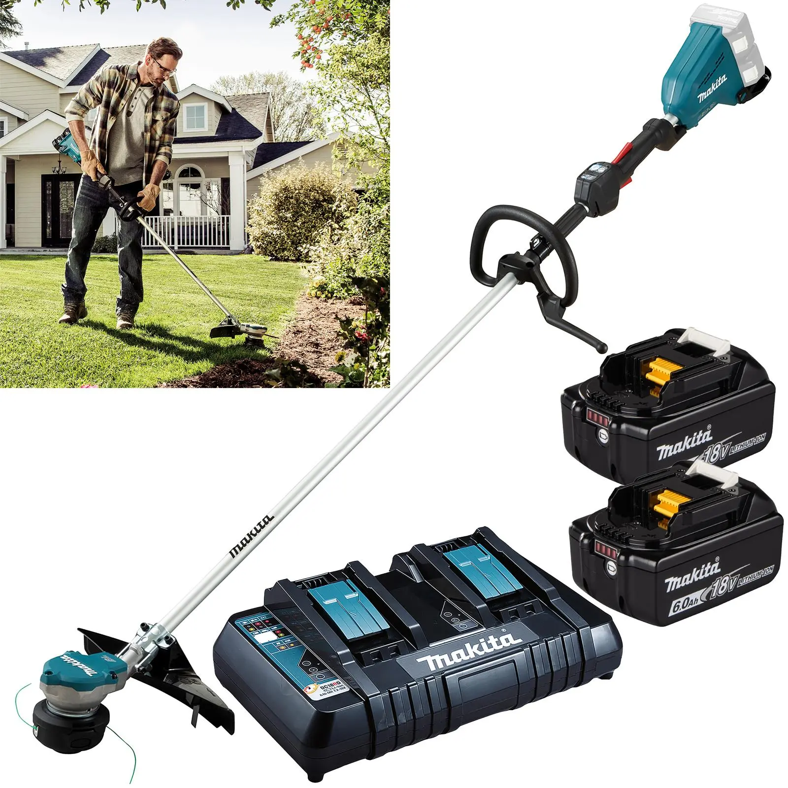 Makita Line Trimmer Strimmer Kit 2 x 18V LXT Brushless Cordless Garden Lawn Strimming 2 x 6Ah Battery and Dual Rapid Charger DUR368APG2