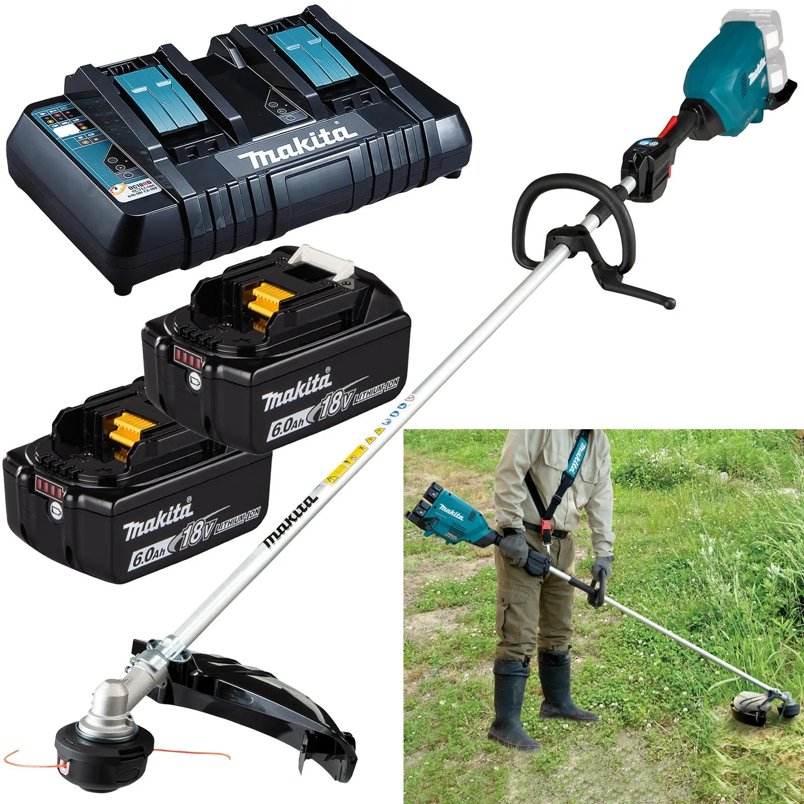 Makita Line Trimmer Strimmer Kit 2 x 18V LXT Brushless Cordless Garden Lawn Strimming 2 x 6Ah Battery and Dual Rapid Charger DUR369LPG2