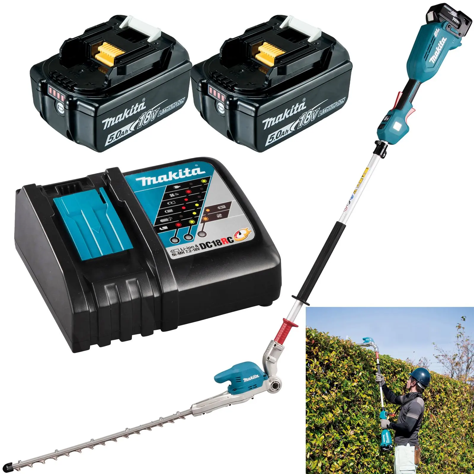 Makita Pole Hedge Trimmer Kit 50cm 18V LXT Li-ion Brushless Cordless 2 x 5Ah Battery and Charger Garden Bush Cutter Cutting DUN500WRTE