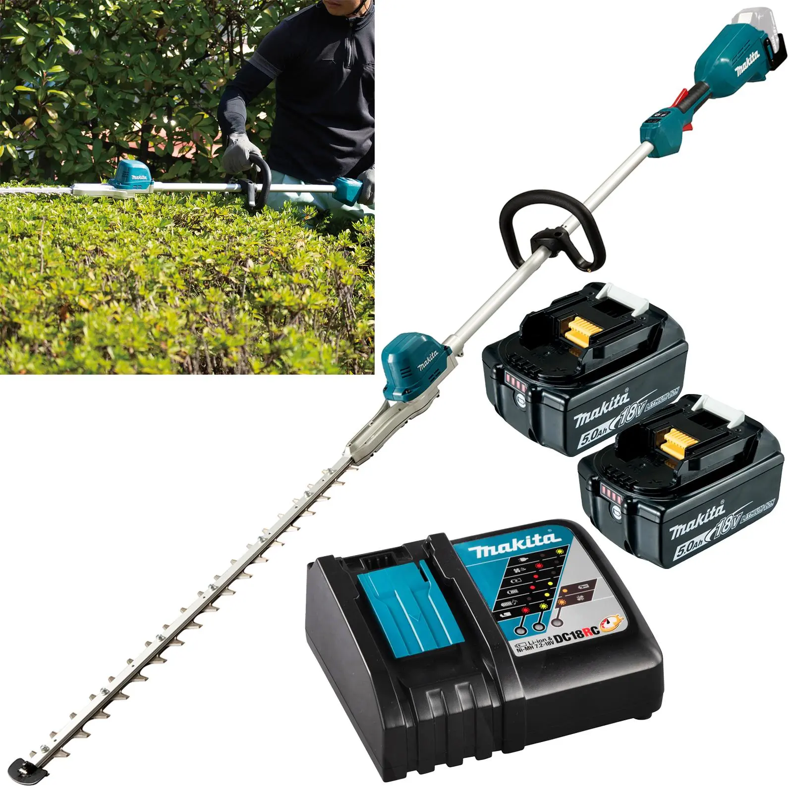 Makita Pole Hedge Trimmer Kit 60cm 18V LXT Li-ion Brushless Cordless 2 x 5Ah Battery and Charger Garden Bush Cutter Cutting DUN600LRTE