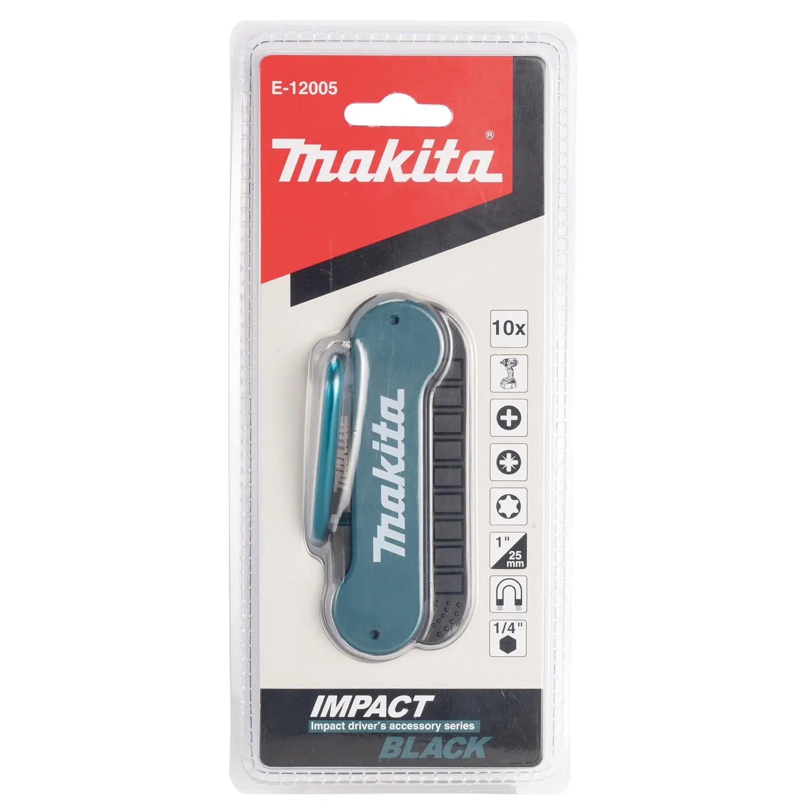 Makita Screwdriver Bit Set 25mm 1/4" Hex 10 Pieces IMPACT BLACK with Magnetic Bit Holder on Carabiner E-12005 - Image 2