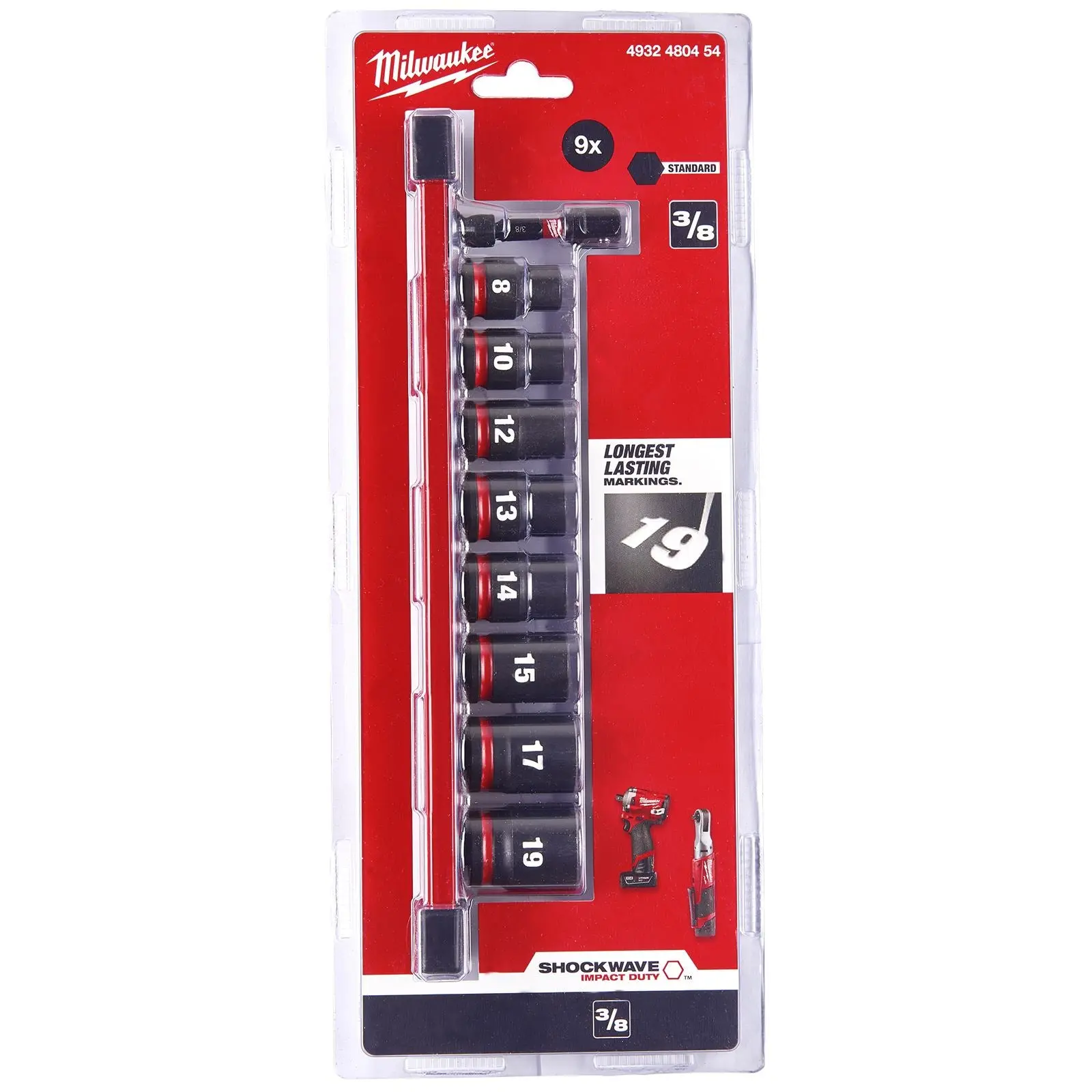 Milwaukee Impact Socket Set Standard on Socket Rail 3/8" Drive 9 Piece 8-19mm SHOCKWAVE - Image 3