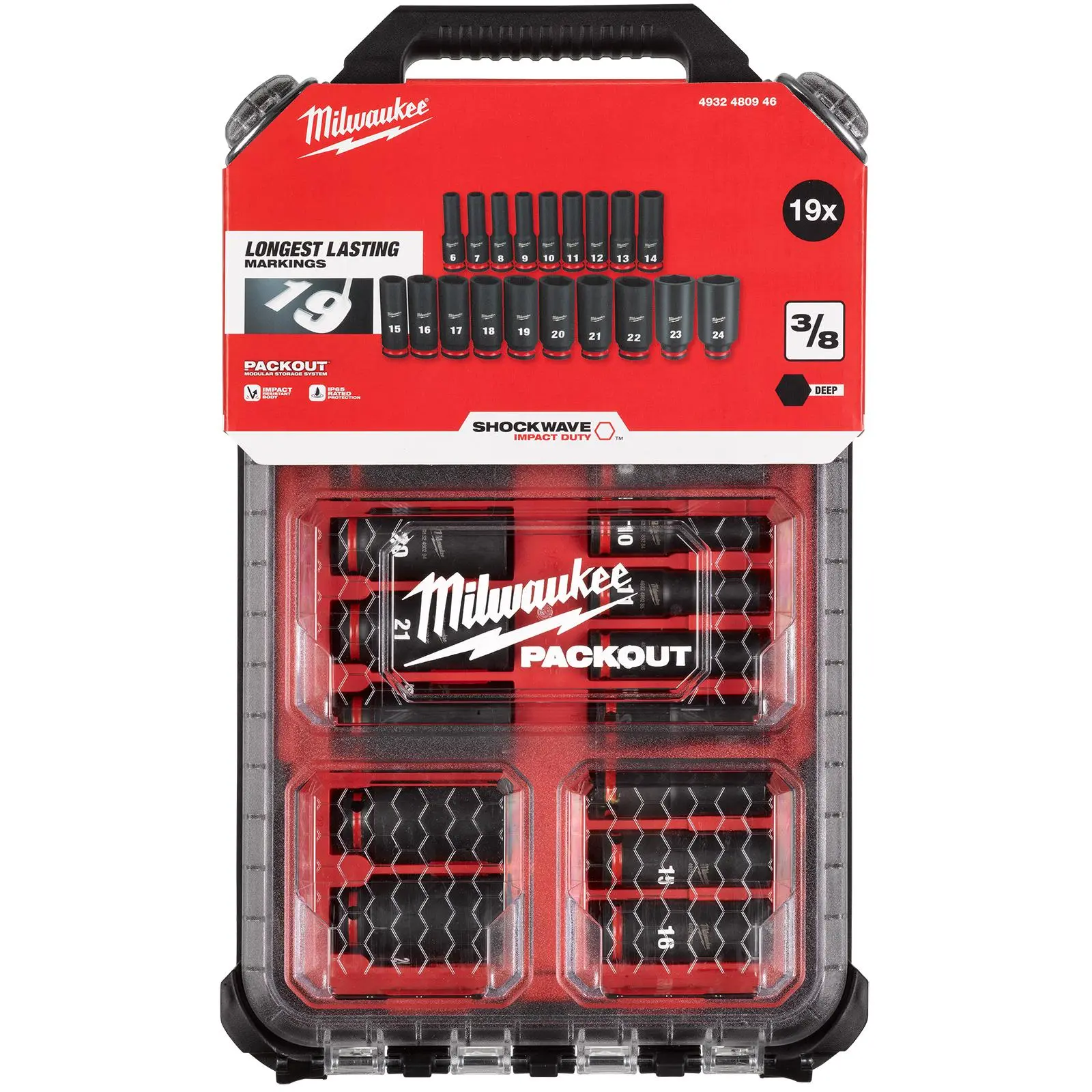 Milwaukee PACKOUT Impact Socket Set 19 Piece 3/8" Drive Deep 6-24mm SHOCKWAVE - Image 3