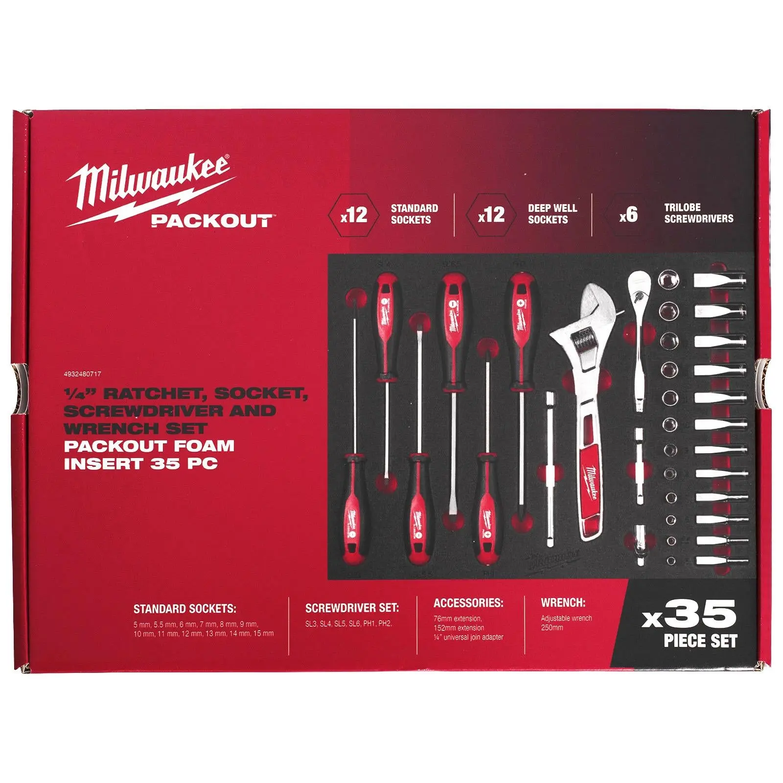 Milwaukee Ratchet and Socket 1/4" Drive Screwdriver Wrench Set Packout Drawer Foam Insert 35 Piece - Image 2