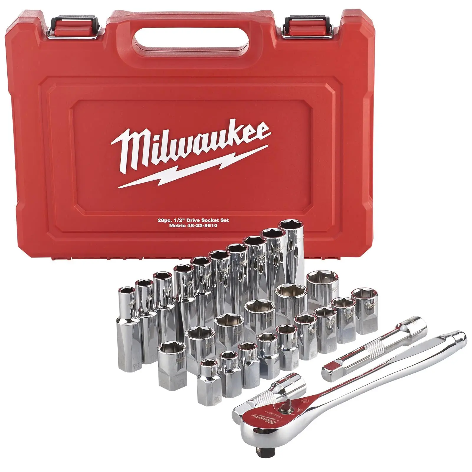Milwaukee Ratchet and Socket Set 1/2" Drive 28 Piece 10-24mm 90 Tooth Ratchet - Image 2