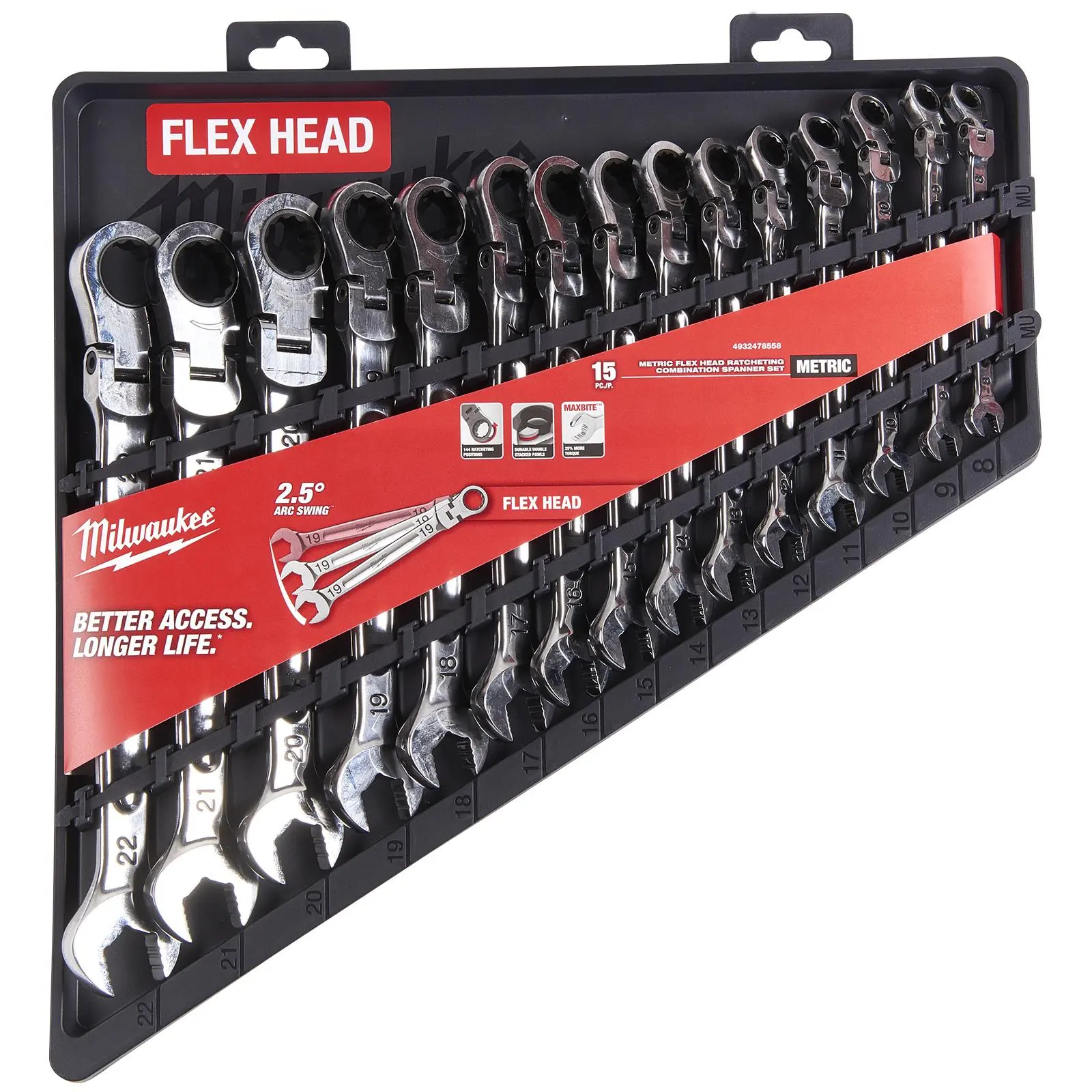 Milwaukee Ratchet Combination Spanner Set Flexi Head MAX BITE 15 Piece 8-22mm - Image 2