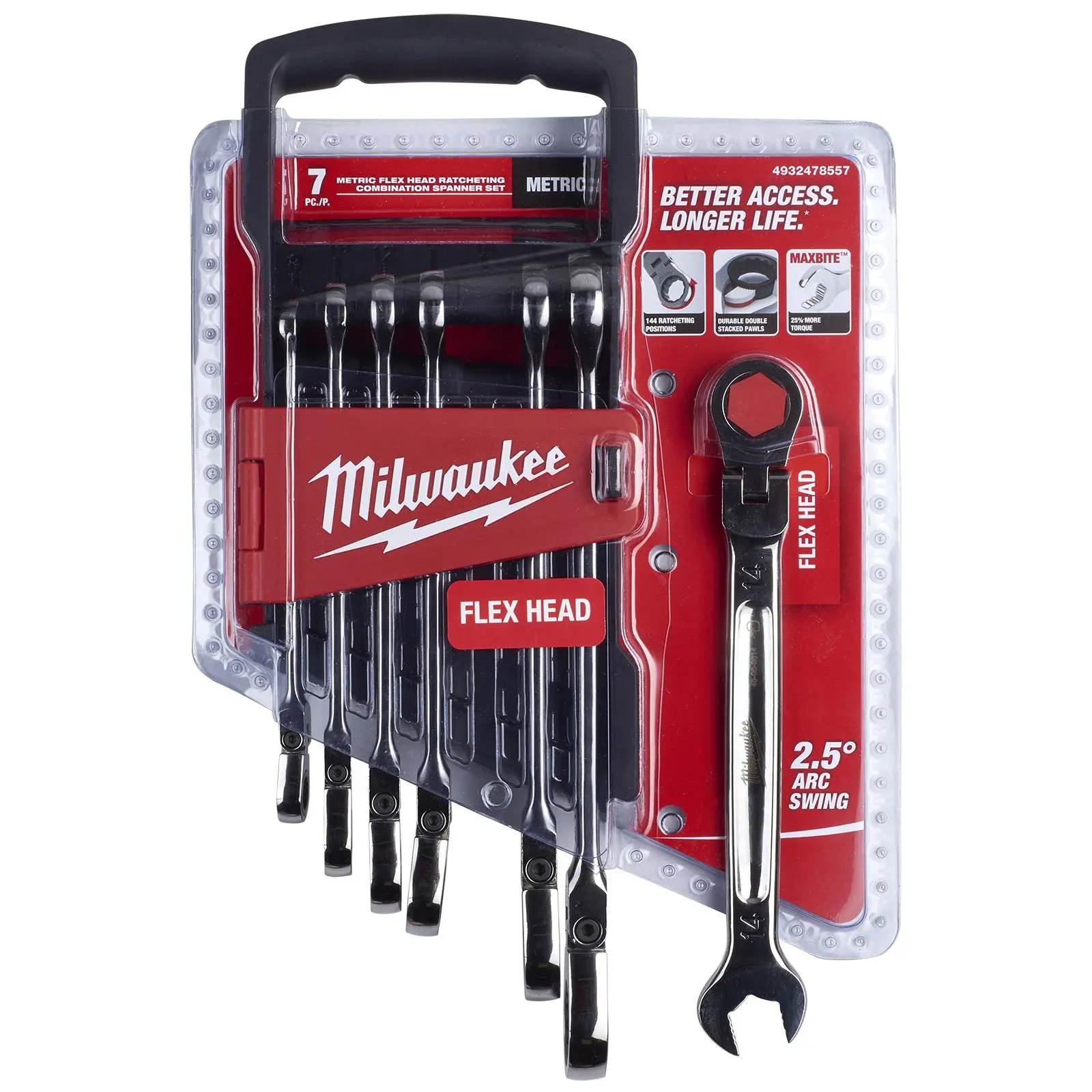 Milwaukee Ratchet Combination Spanner Set Flexi Head MAX BITE 7 Piece 8-17mm - Image 2