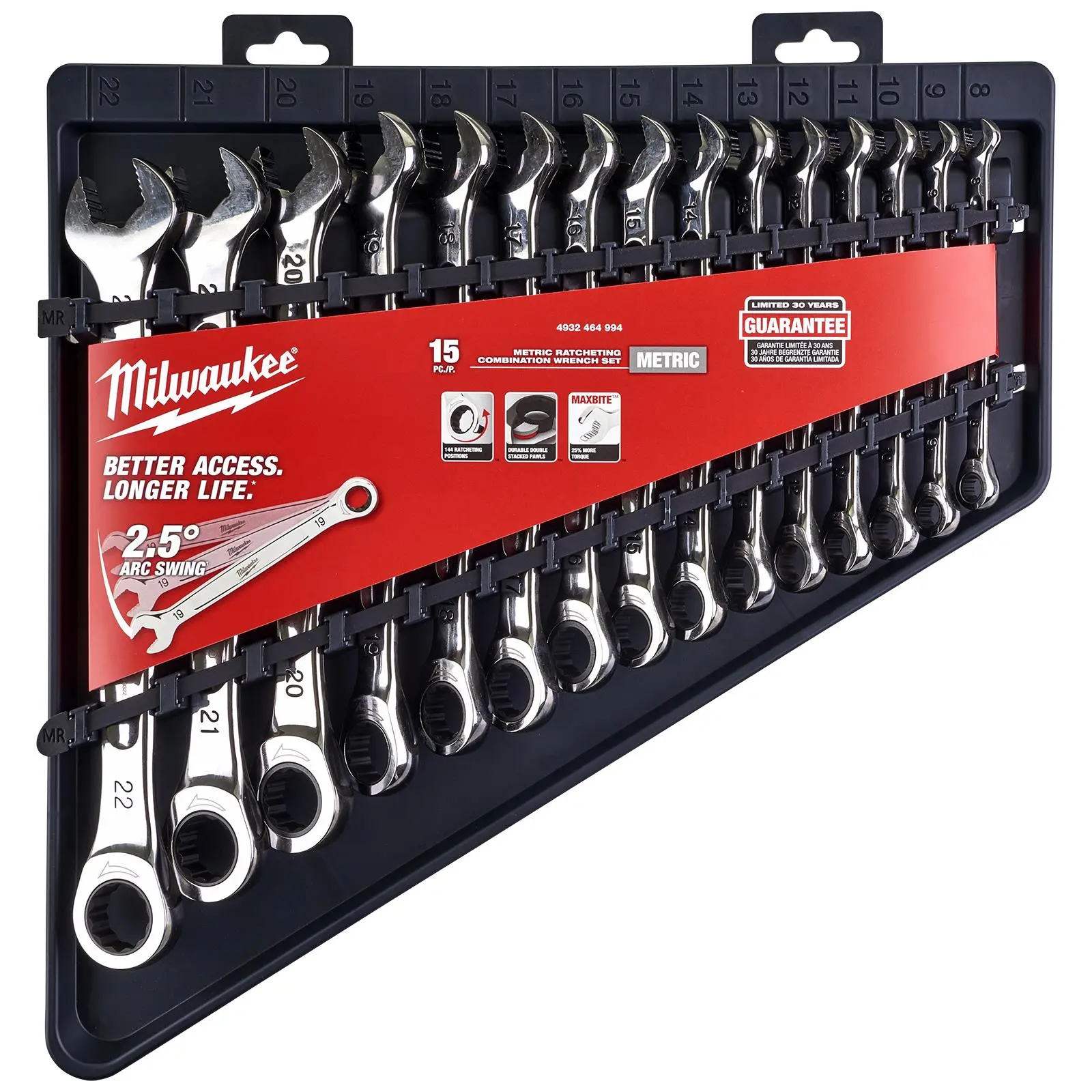 Milwaukee Ratchet Combination Spanner Set MAX BITE 15 Piece Fixed Head 8-22mm - Image 2