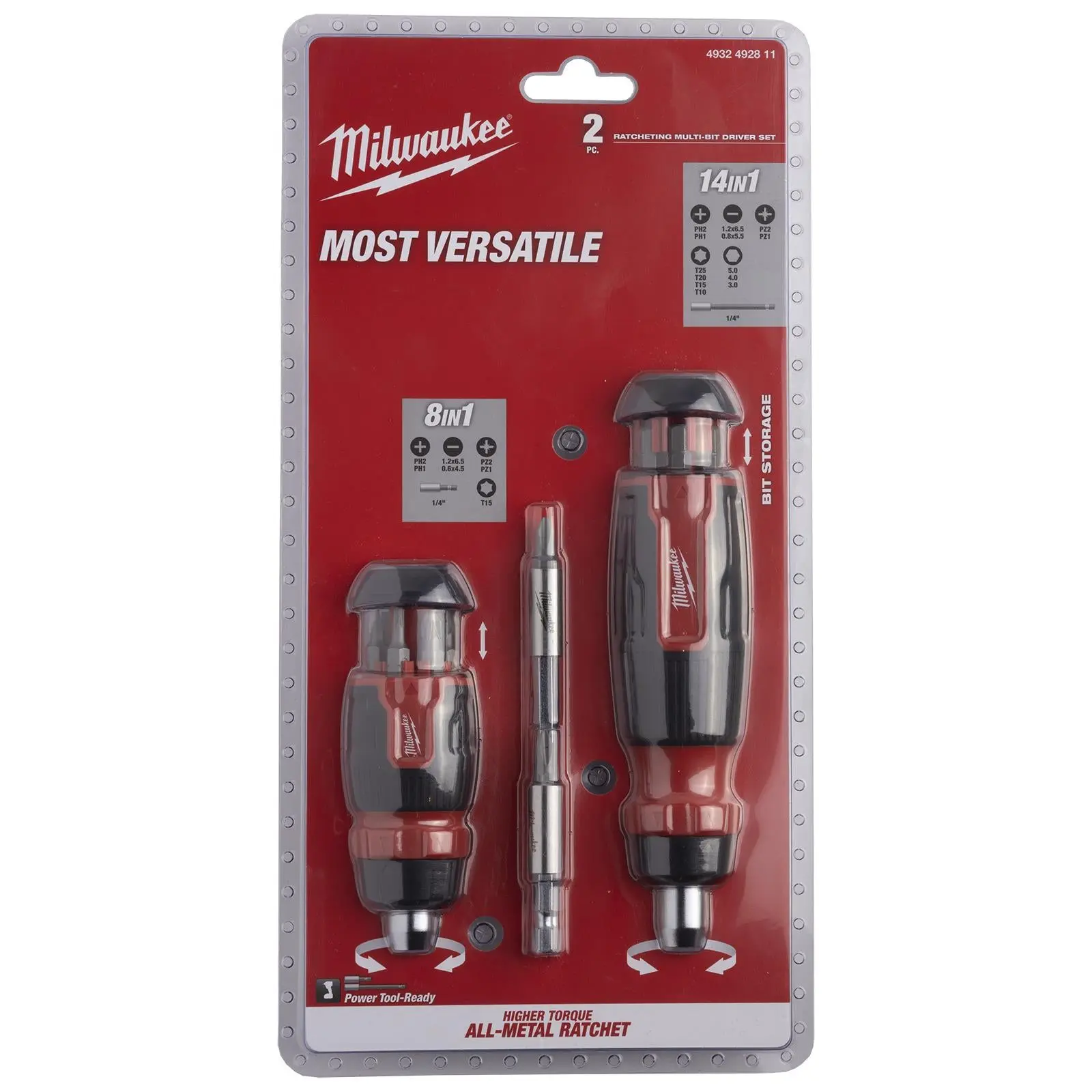 Milwaukee Ratchet Screwdriver Set Kit 2 Piece Compact 8 in 1 and Standard 14 in 1 - Image 3