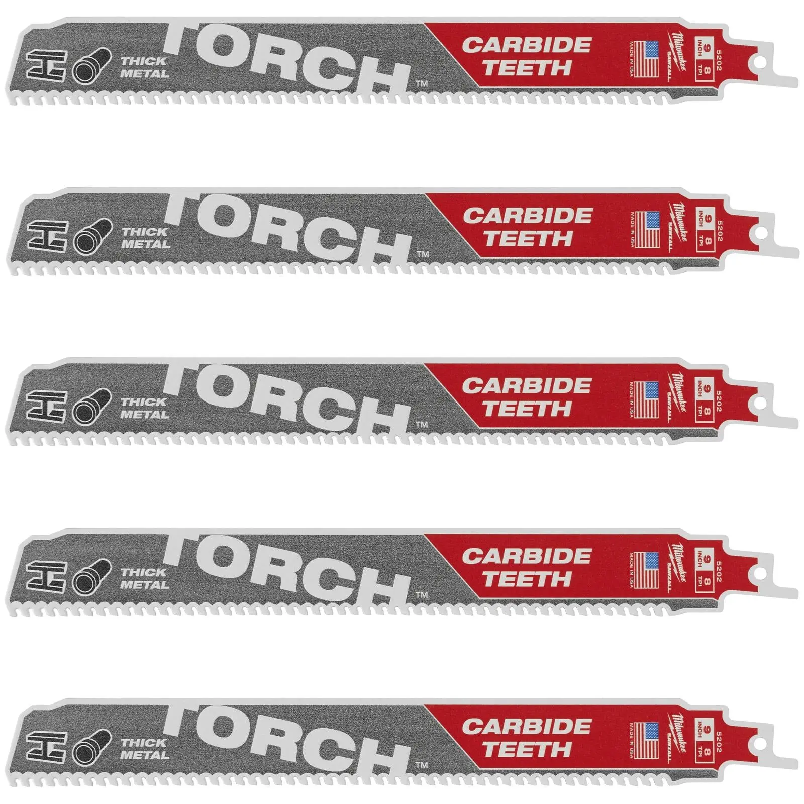 Milwaukee SAWZALL Metal Heavy Duty TCT TORCH Reciprocating Saw Blade 230mm 8 TPI 5 Piece