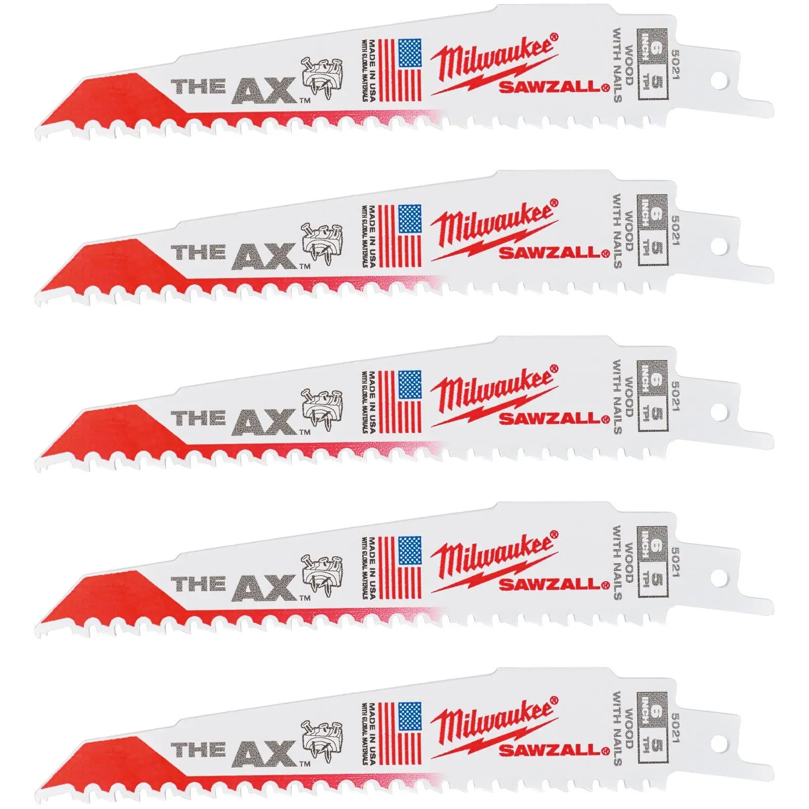 Milwaukee SAWZALL Wood with Nails AX Demolition Reciprocating Saw Blades 150mm 5 TPI 5 Piece