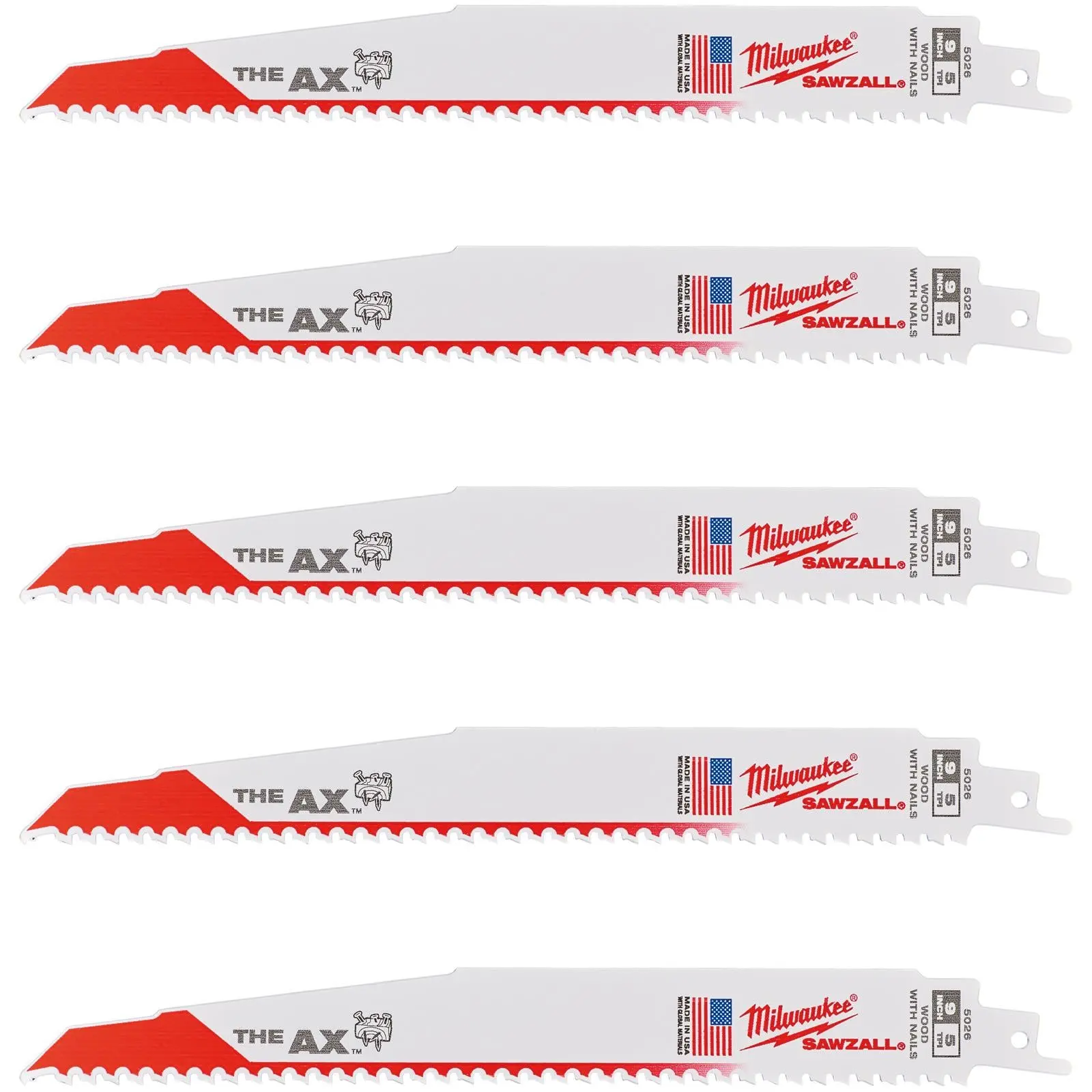 Milwaukee SAWZALL Wood with Nails AX Demolition Reciprocating Saw Blades 230mm 5 TPI 5 Piece