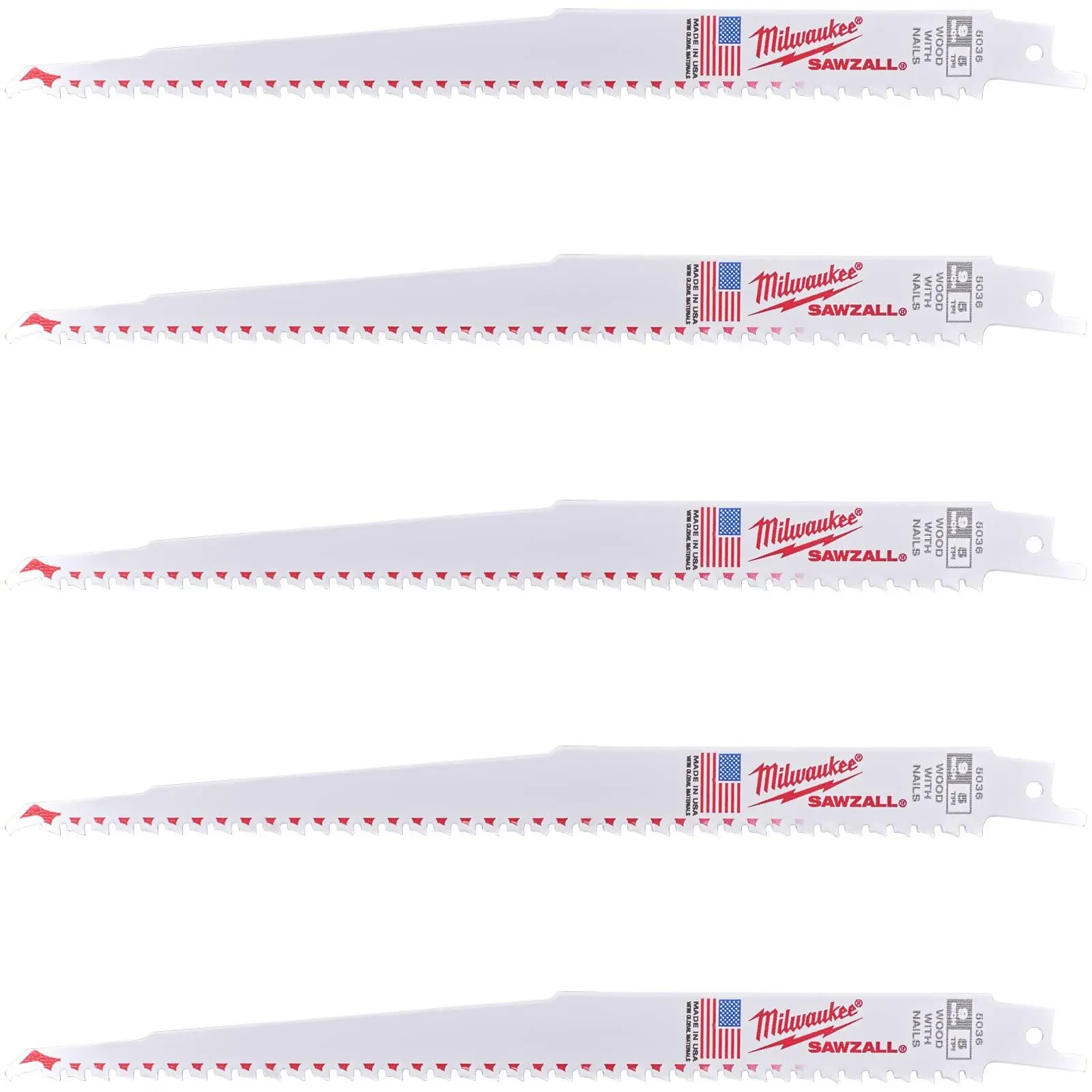 Milwaukee SAWZALL Wood with Nails Reciprocating Saw Blades 230mm 5 TPI 5 Piece
