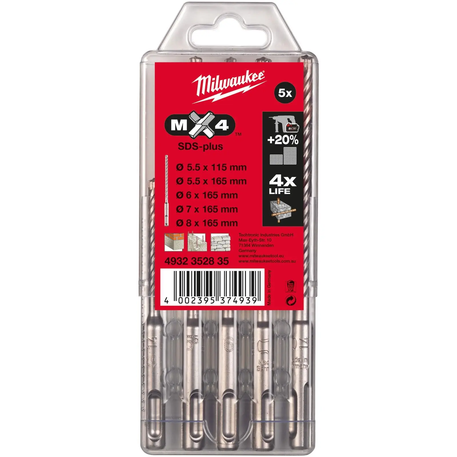 Milwaukee SDS Plus MX4 Hammer Drill Bit Set 4 Cut 5 Piece - Image 2