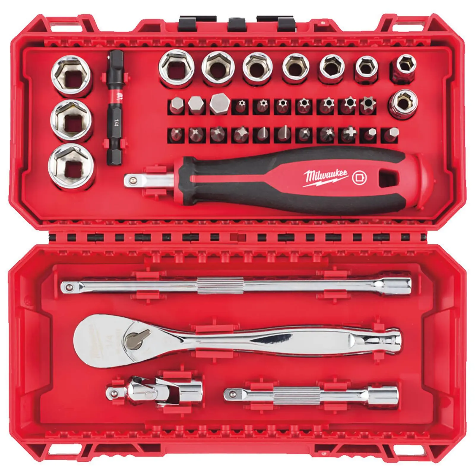 Milwaukee 1/4" Ratchet Driver Socket Set Metric In PACKOUT Compatible Box 38pc