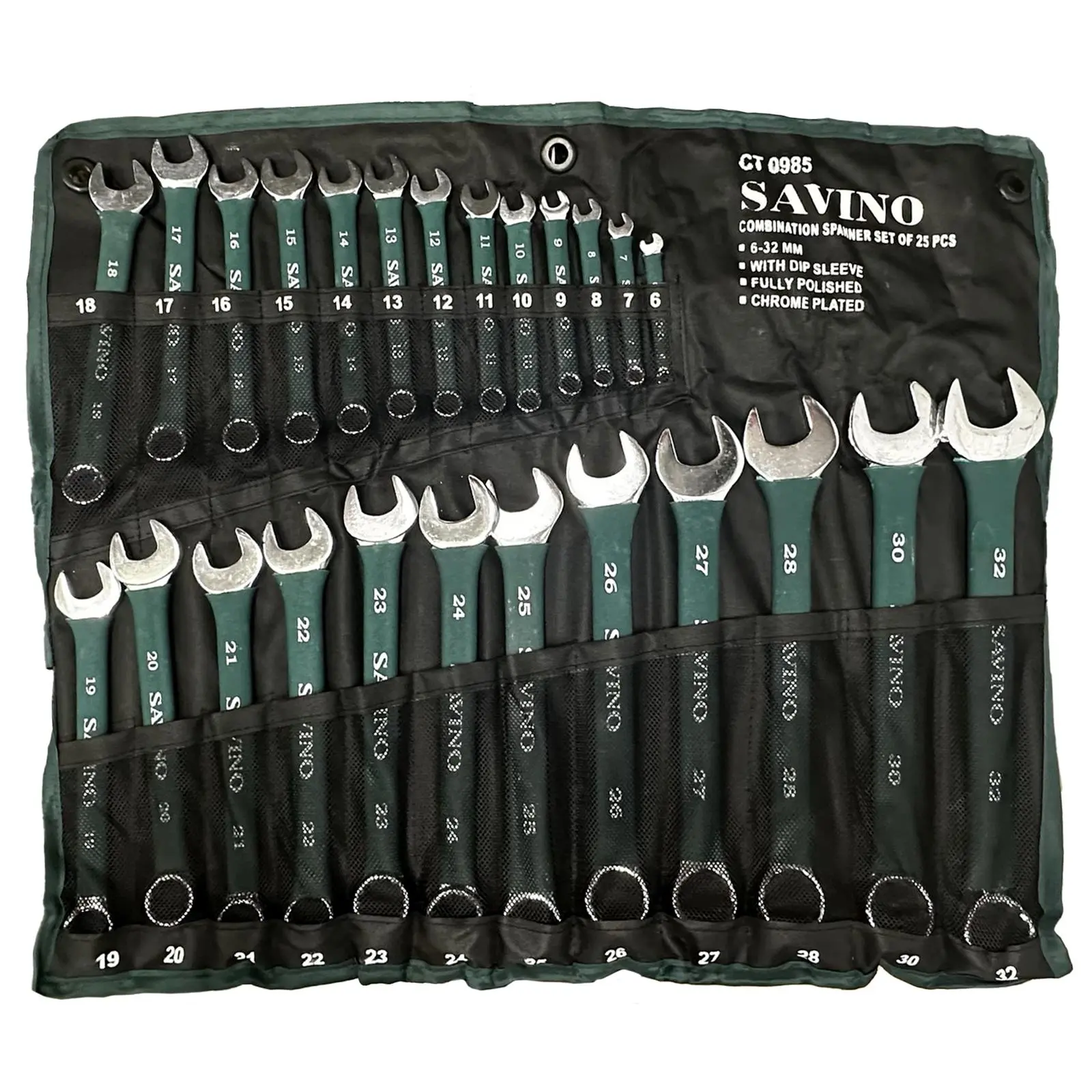 Savino Combination Spanner Set 6-32mm in Tool Roll 25 Piece Green Soft Grip Handle