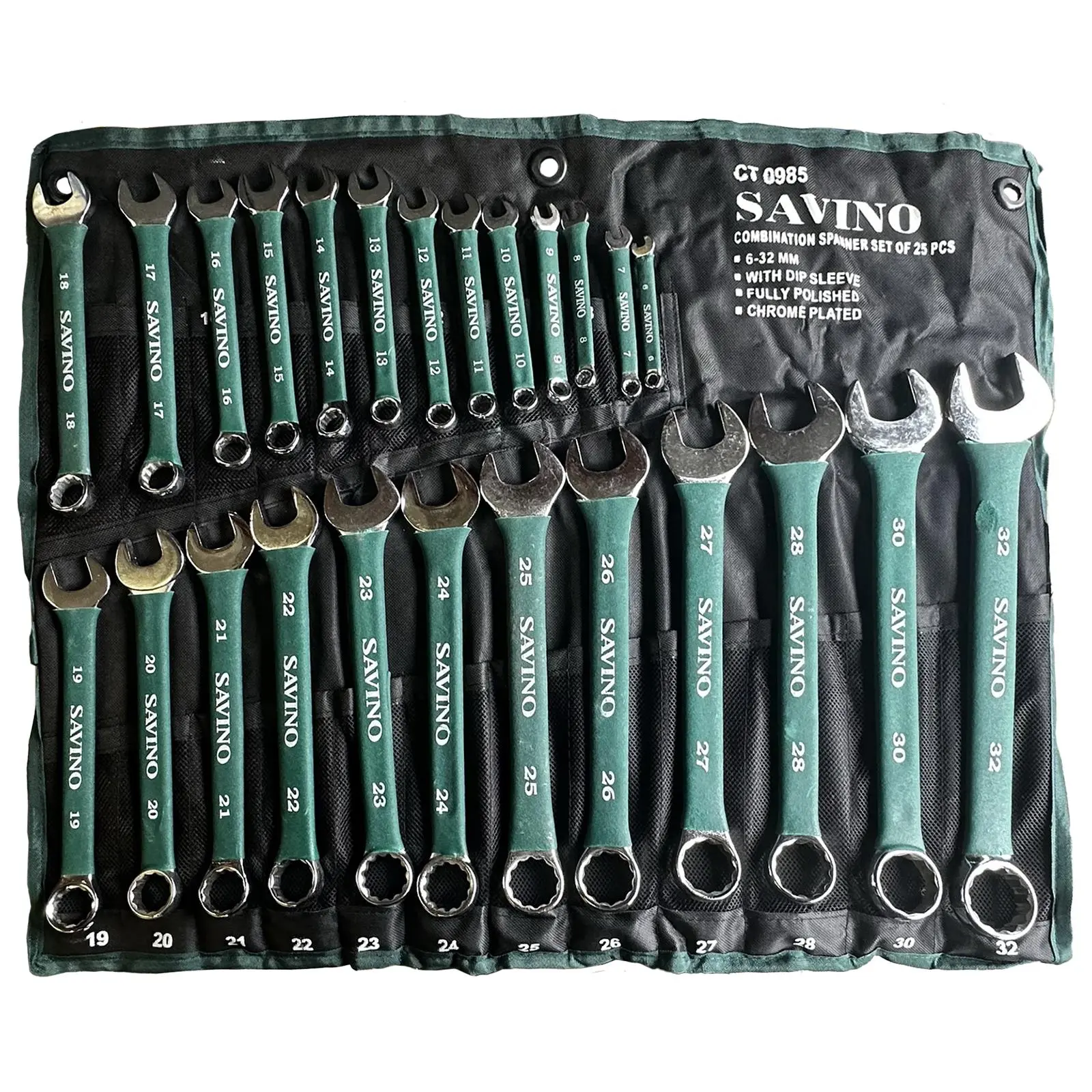 Savino Combination Spanner Set 6-32mm in Tool Roll 25 Piece Green Soft Grip Handle - Image 2
