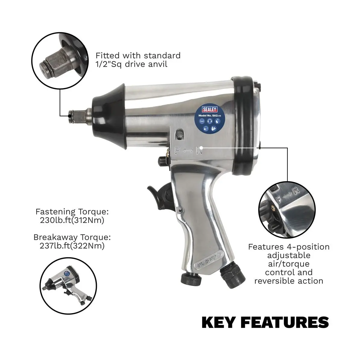 Sealey 1/2" Square Drive Air Impact Wrench - Image 2