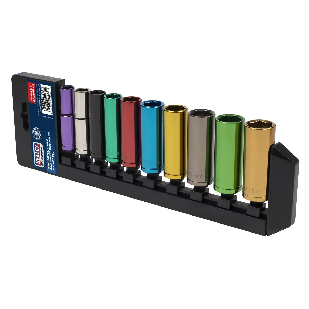 Sealey 10 Piece 3/8" Drive Coloured Deep Socket Set 10-19mm Hex - Image 2