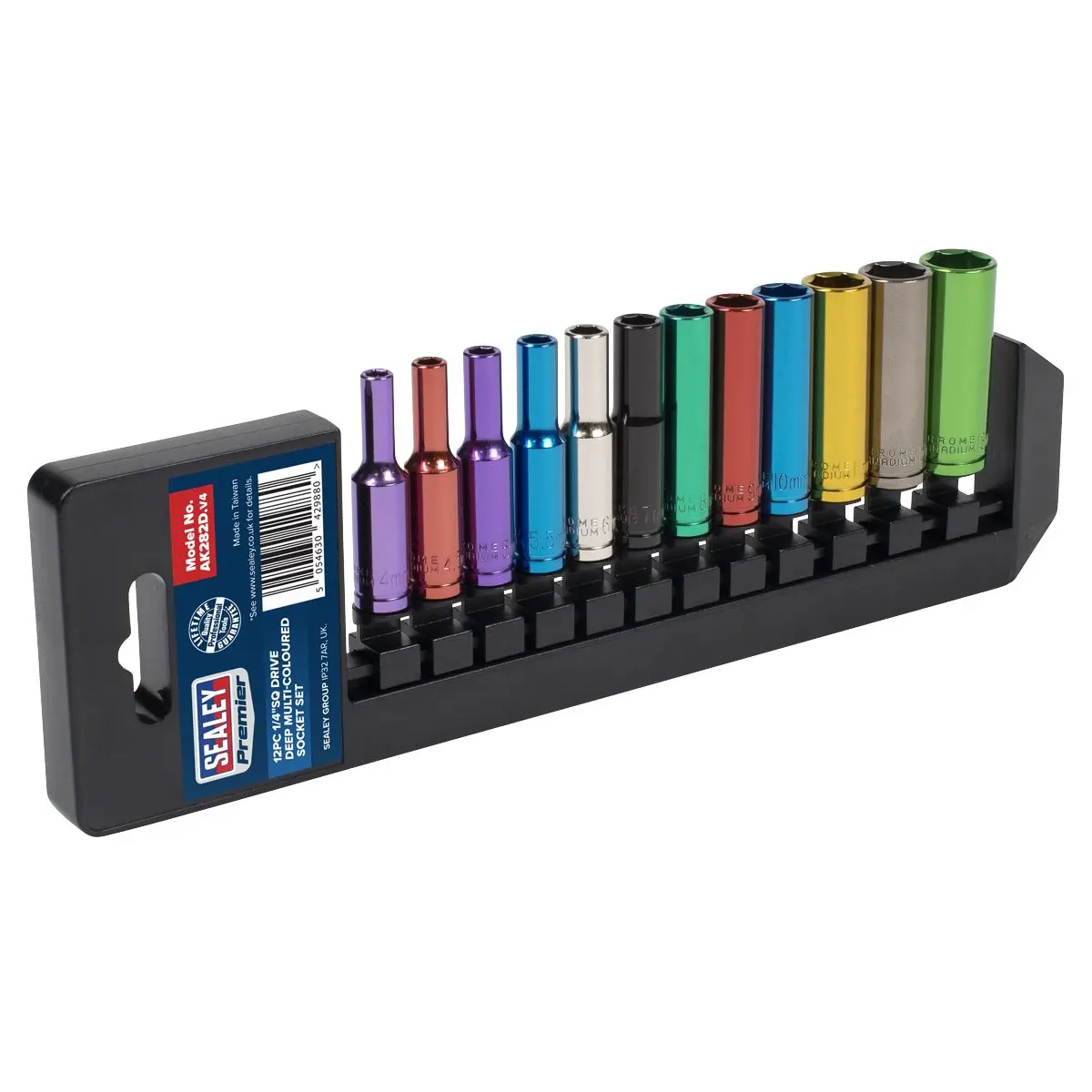 Sealey 12 Piece 1/4" Drive Coloured Deep Socket Set 4-13mm WallDrive