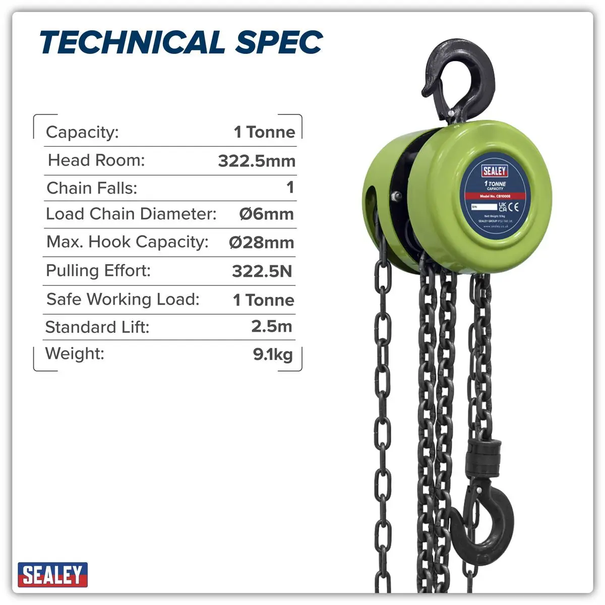 Sealey 2.5m Chain Block 1 Tonne - Image 2