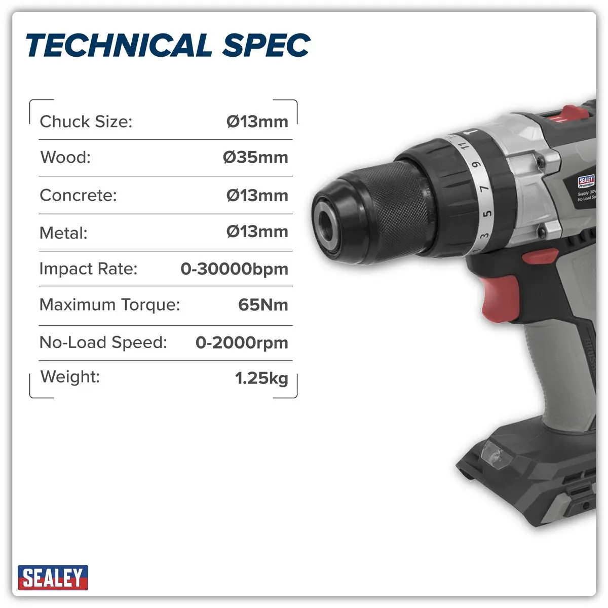 Sealey Premier Brushless Combi Drill Ø13mm 20V SV20 Series - Body Only - Image 6