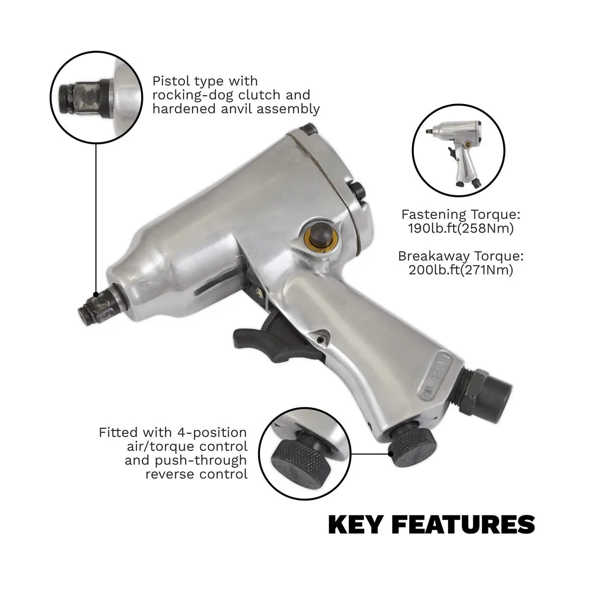 Sealey 3/8" Square Drive Heavy-Duty Air Impact Wrench - Image 3
