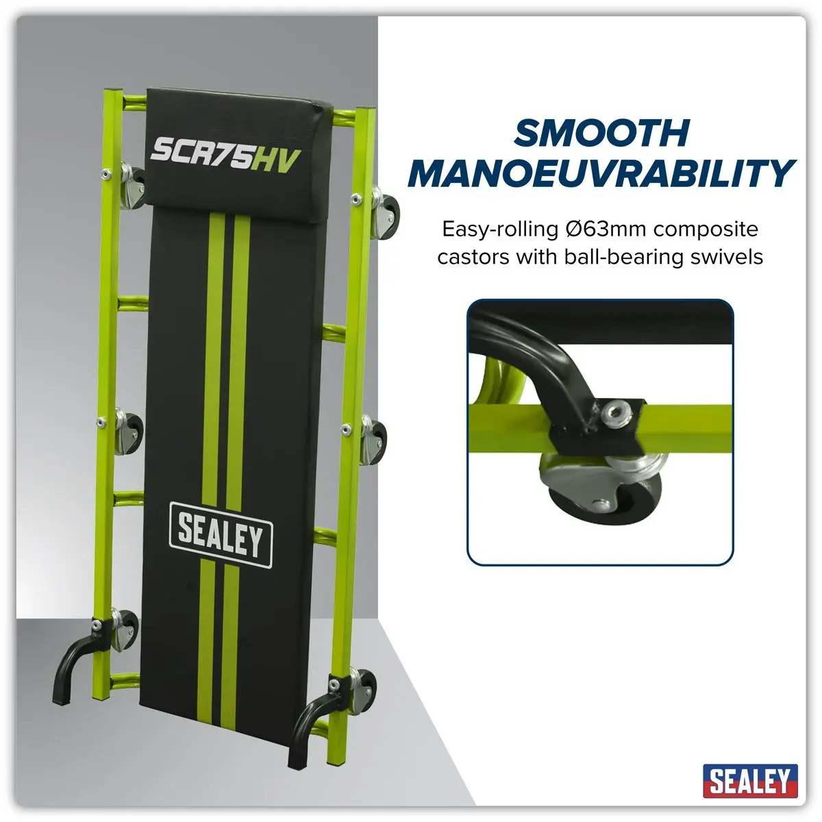 Sealey 36" Deluxe American-Style Creeper with Steel Frame & 6 Wheels - Green - Image 3