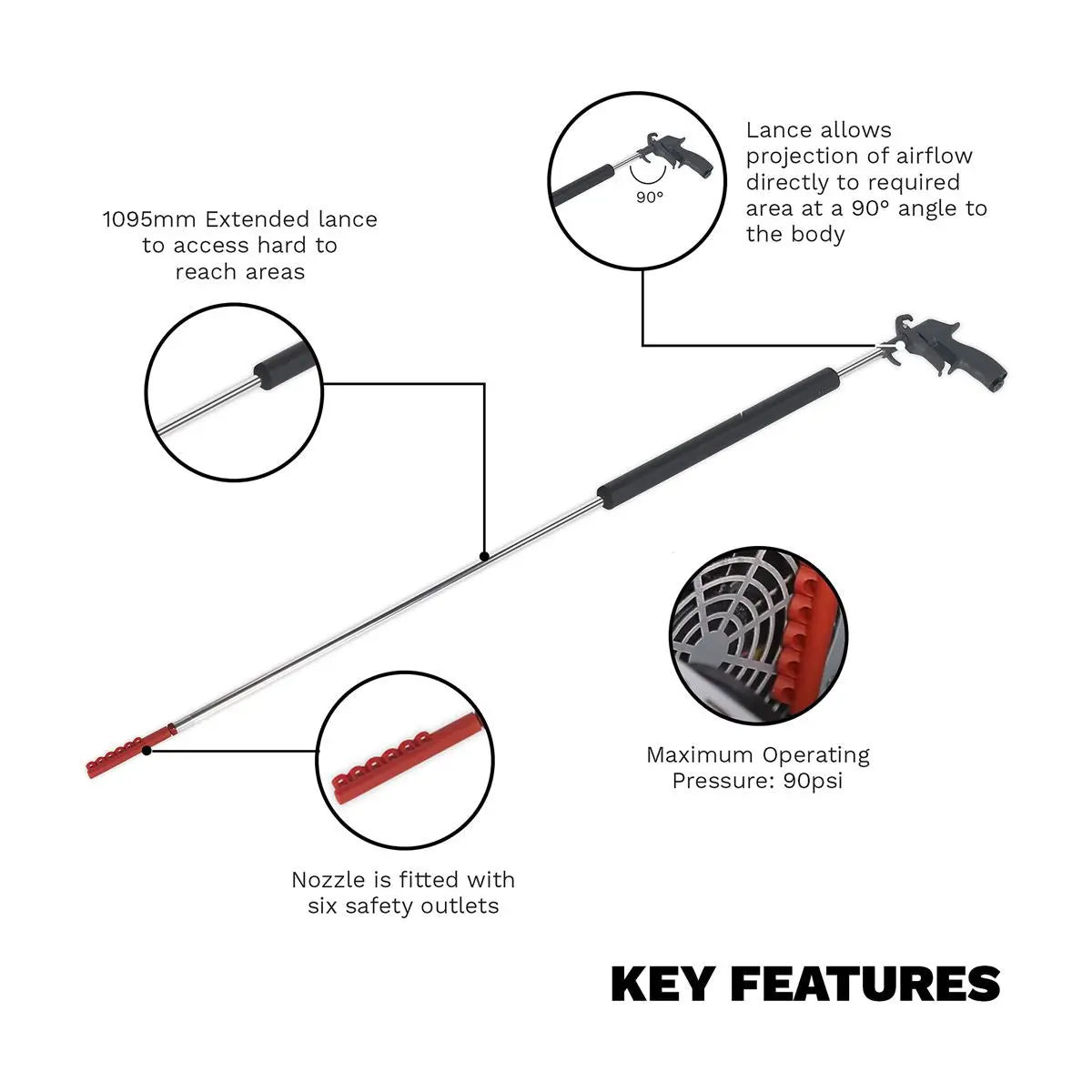 Sealey Air Blow Gun - Side Outlet 1095mm with 1/4"BSP Air Inlet - Image 2