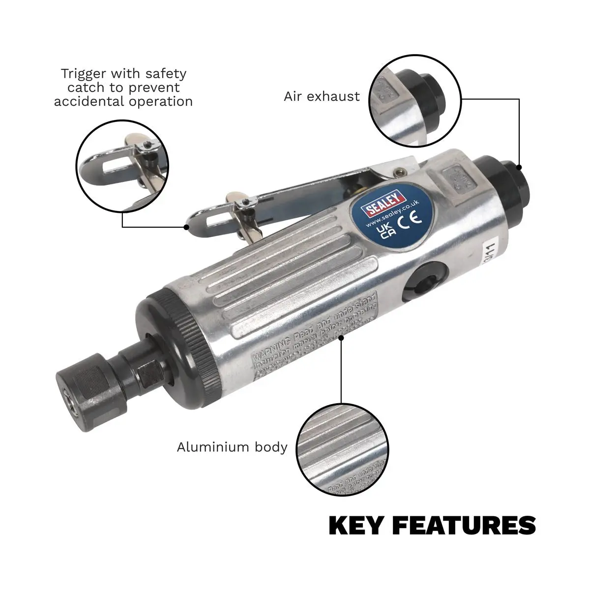 Sealey Air Die Grinder 1/4" BSP Straight Midi 6mm Shank - Image 2