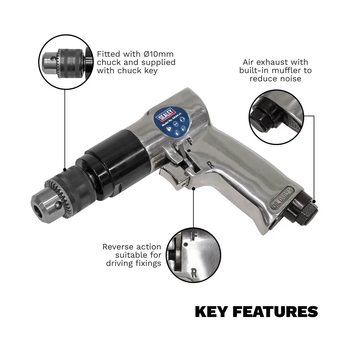 Sealey Air Drill Ø10mm 1800rpm Reversible - Image 4