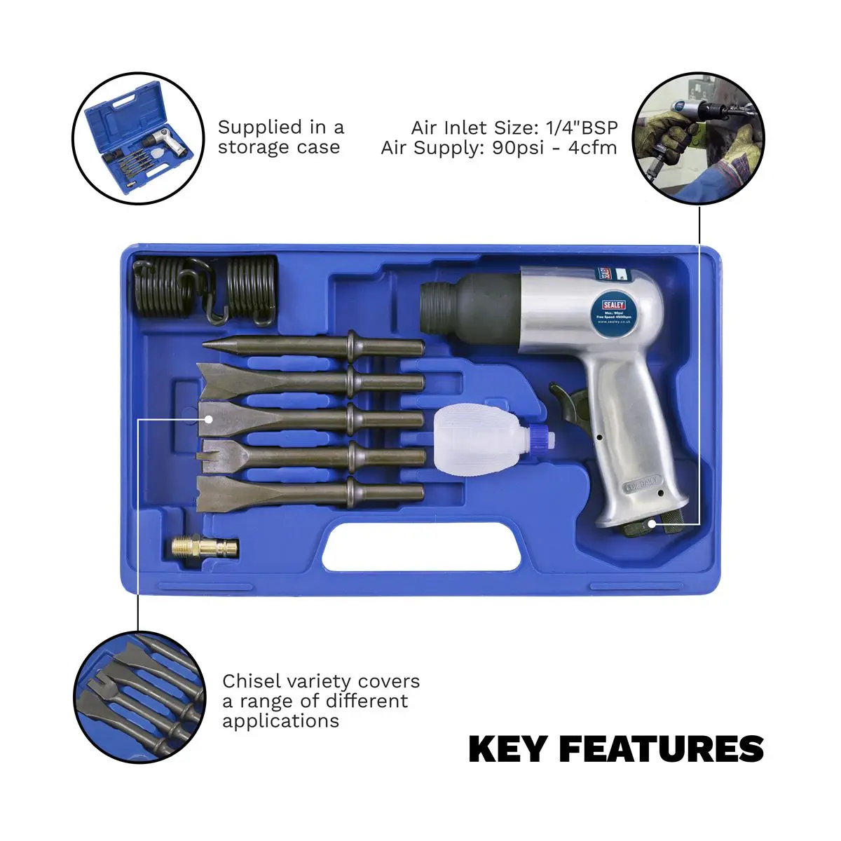 Sealey Air Hammer Kit with Chisels Medium Stroke - Image 9