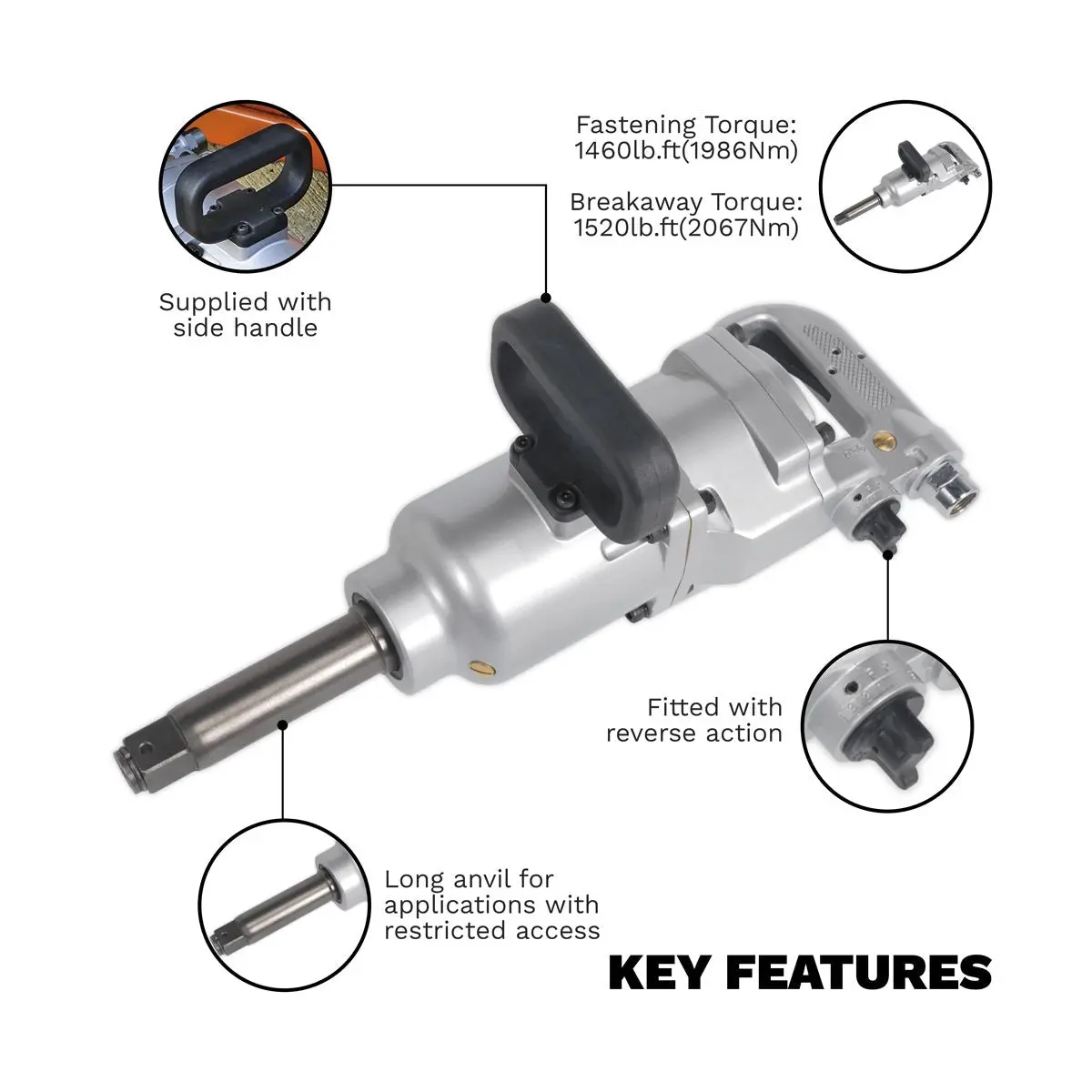 Sealey Air Impact Wrench 1"Sq Drive Straight Long Anvil - Image 2