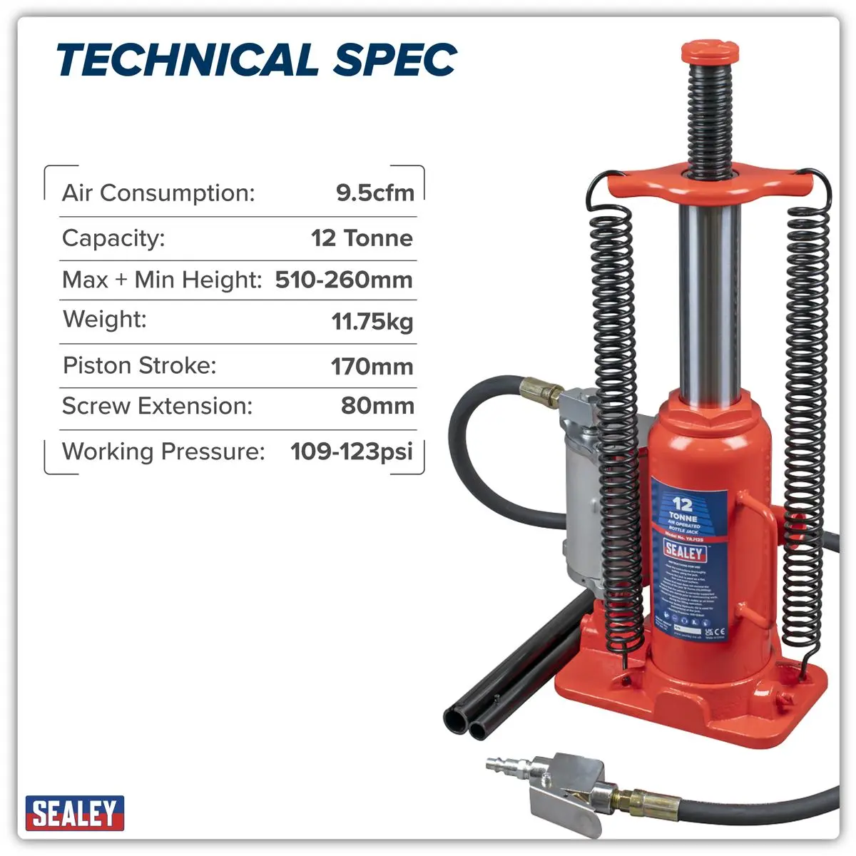 Sealey Air Operated Hydraulic Bottle Jack 12 Tonne - Image 5
