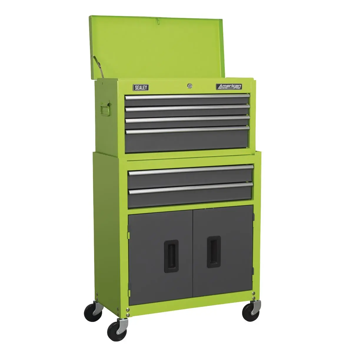 Sealey American Pro 6 Drawer Topchest & Rollcab Combination with Ball-Bearing Slides - Green/Grey & 170pc Tool Kit - Image 5