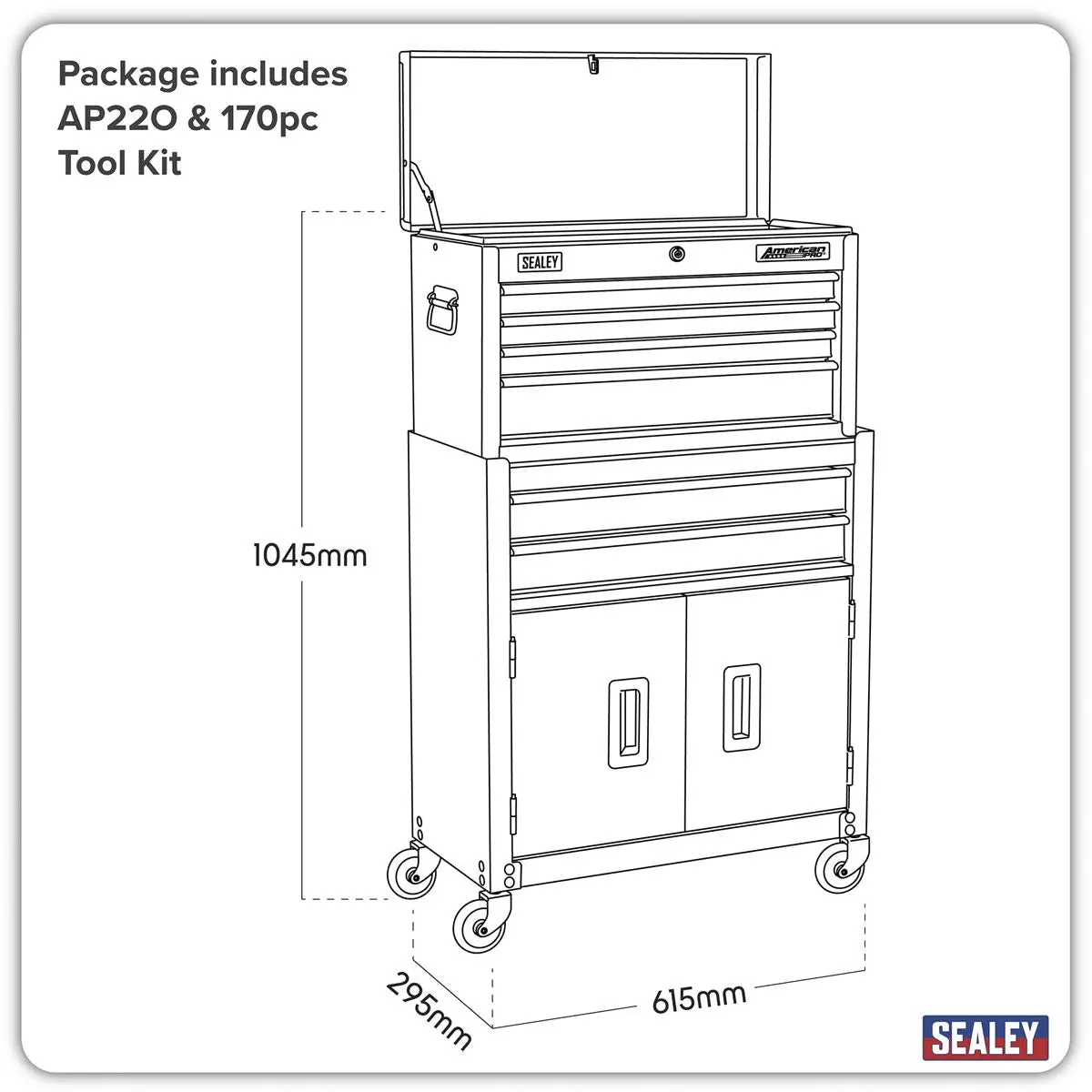 Sealey American Pro Topchest & Rollcab Combination 6 Drawer with Ball-Bearing Slides - Orange/Black & 170pc Tool Kit - Image 6