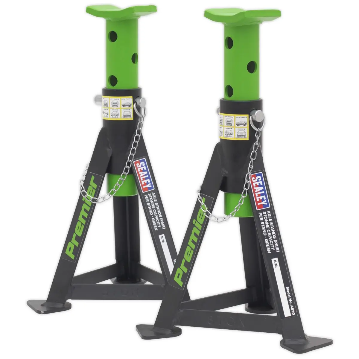 Sealey Premier Premier Axle Stands (Pair) 3 Tonne Capacity per Stand - Green - Image 2