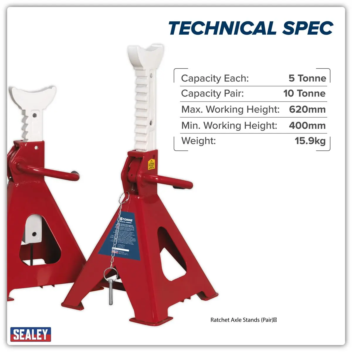 Sealey Auto Rise Ratchet Axle Stands (Pair) 5 Tonne Capacity per Stand - Image 2