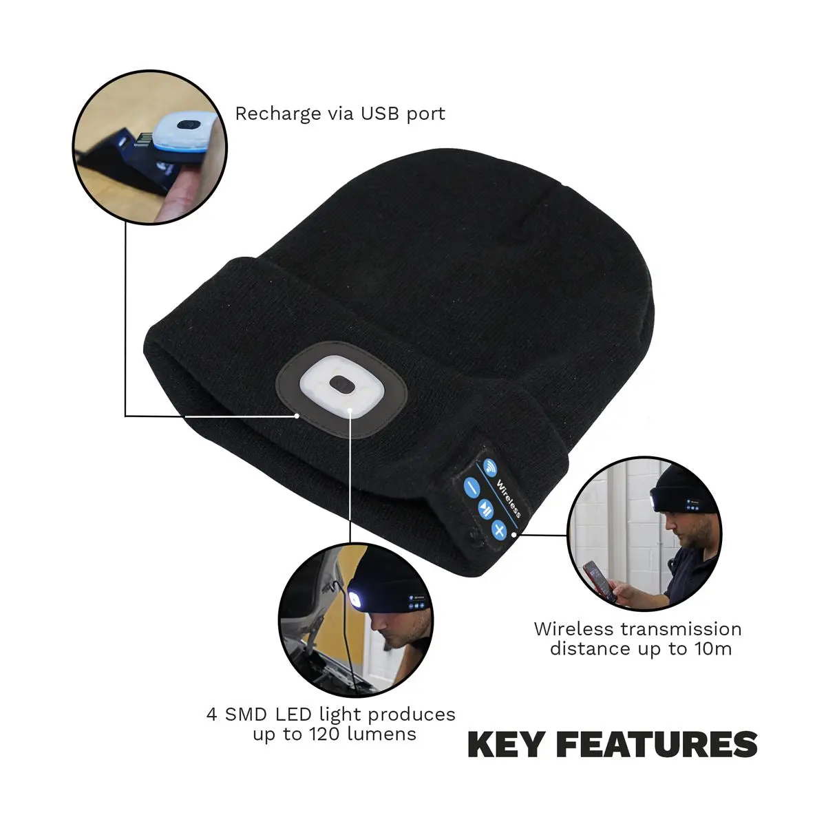 Sealey Beanie Hat 4 SMD LED Head Light with Wireless Headphones USB Rechargeable - Image 4