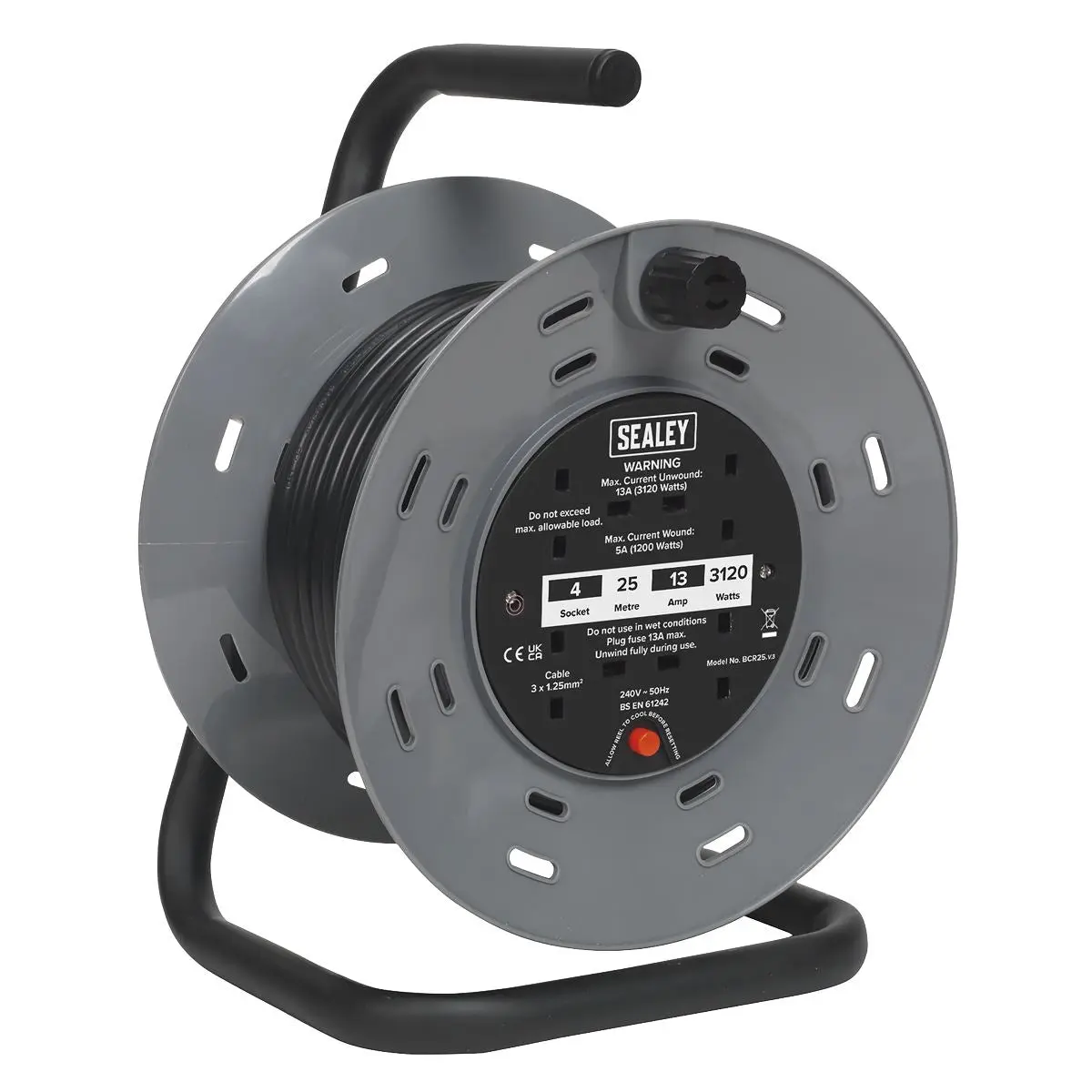 Sealey Cable Reel 25m 4 x 230V 1.25mm² Thermal Trip