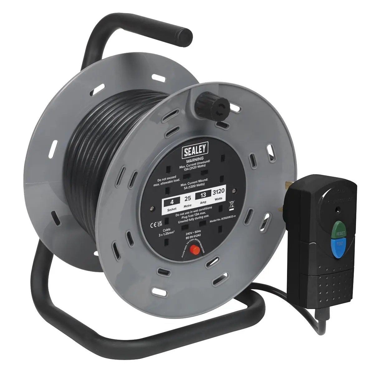 Sealey Cable Reel 25m 4 x 230V 1.25mm² Thermal Trip with RCD Plug - Image 2