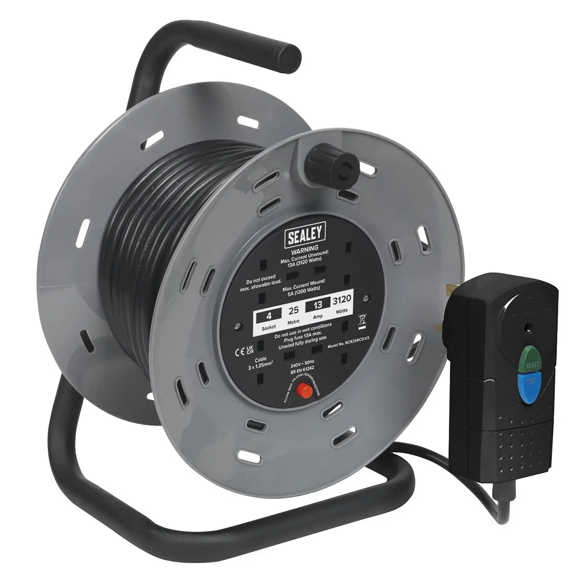 Sealey Cable Reel 25m 4 x 230V 1.25mm² Thermal Trip with RCD Plug - Image 4