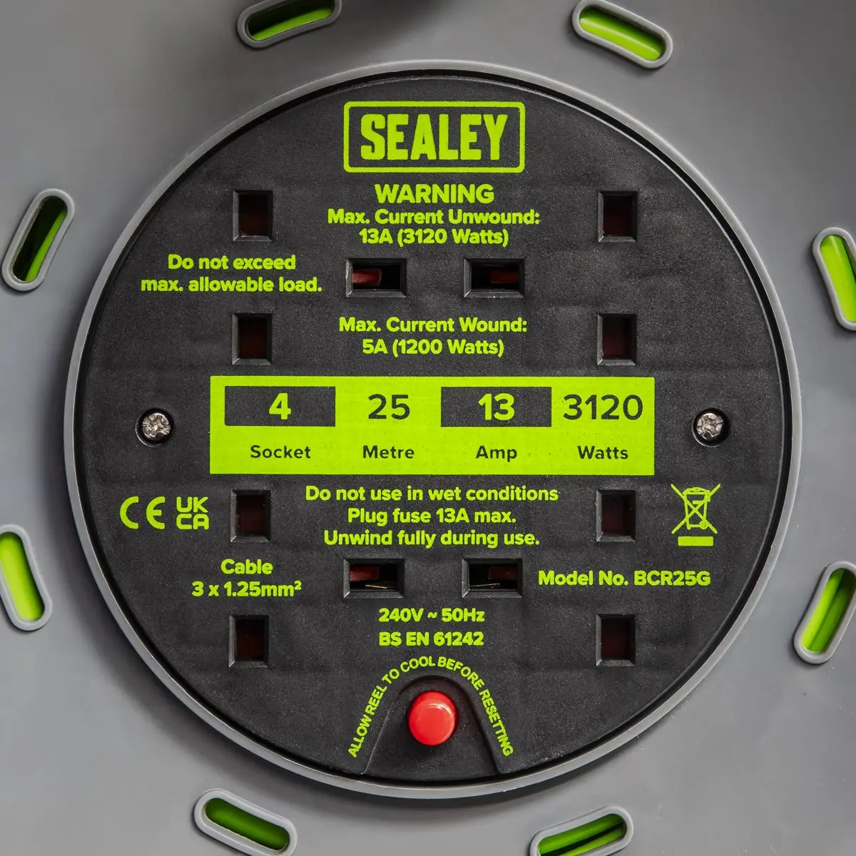 Sealey Cable Reel with Thermal Trip 4 x 230V Sockets 25m - Green - Image 4