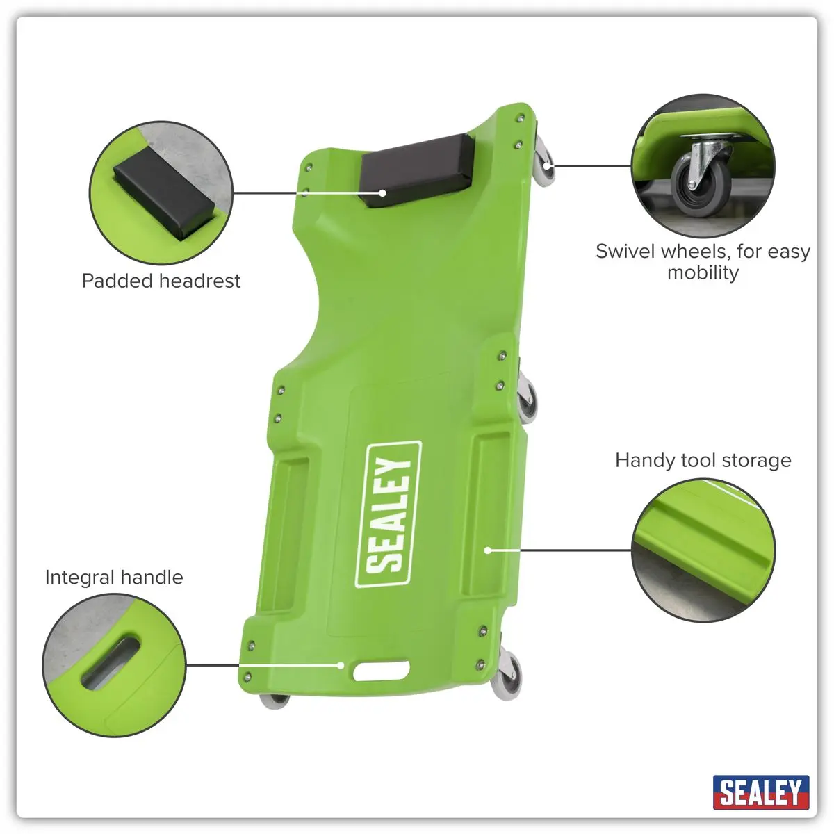 Sealey Composite Creeper with 6 Wheels - Hi-Vis Green - Image 11