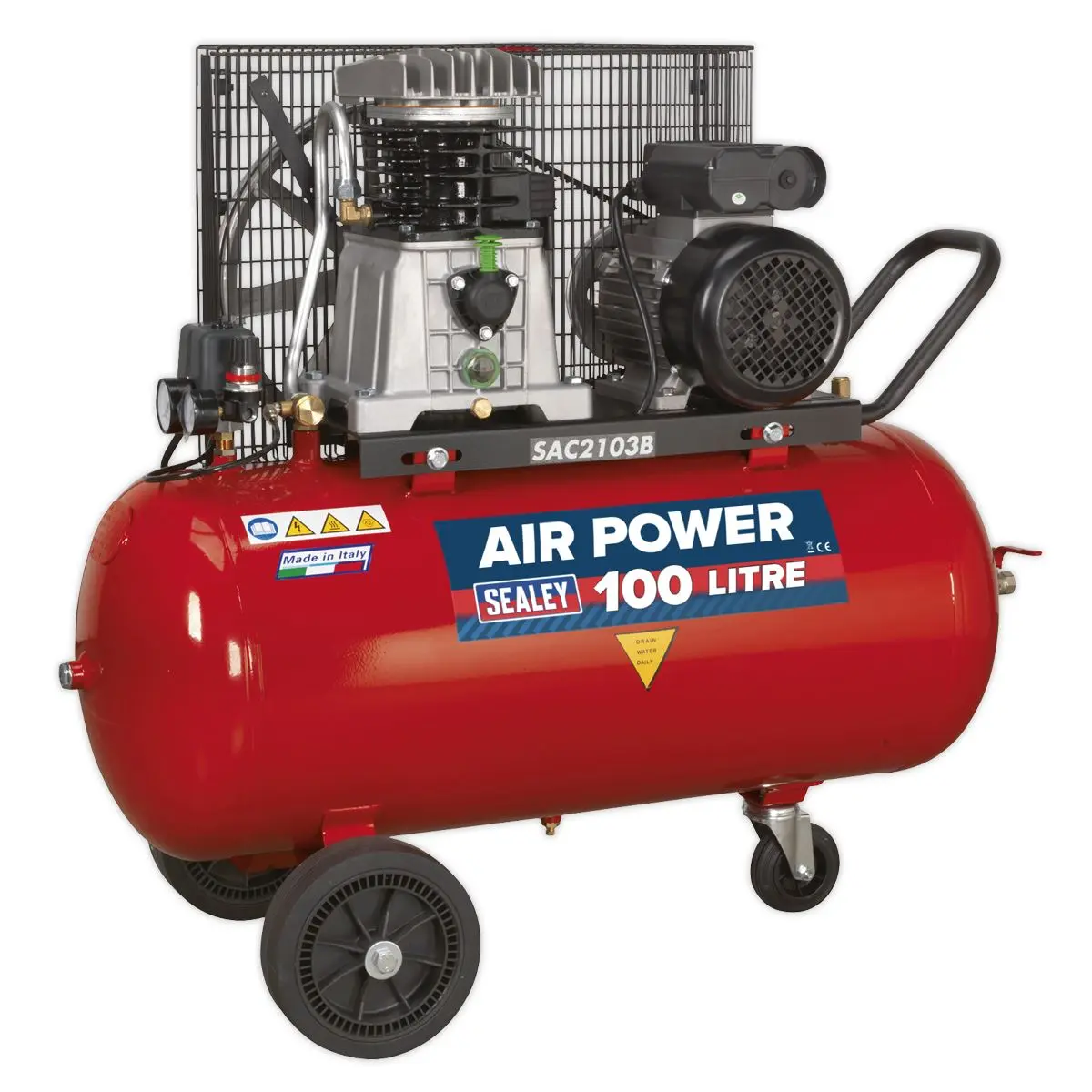 Sealey 100L Belt Drive Air Compressor with Cast Cylinders & Wheels 3hp - Image 2