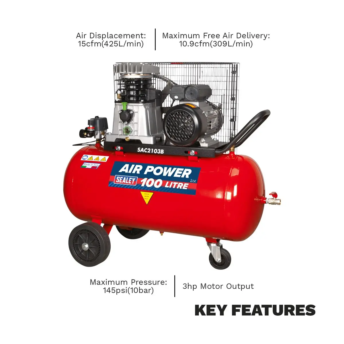 Sealey 100L Belt Drive Air Compressor with Cast Cylinders & Wheels 3hp - Image 4