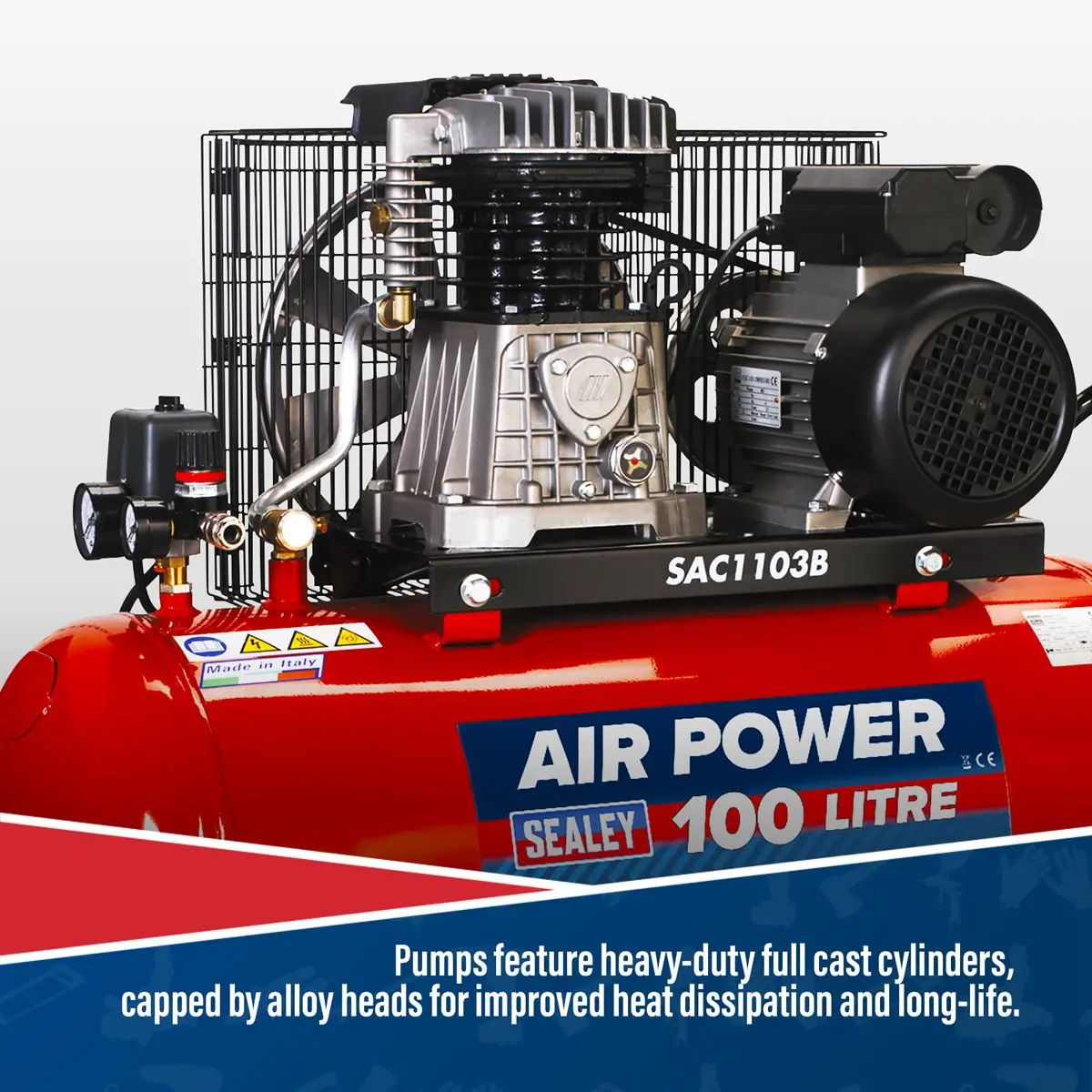 Sealey 100L Belt Drive Air Compressor with Cast Cylinders & Wheels 3hp - Image 6