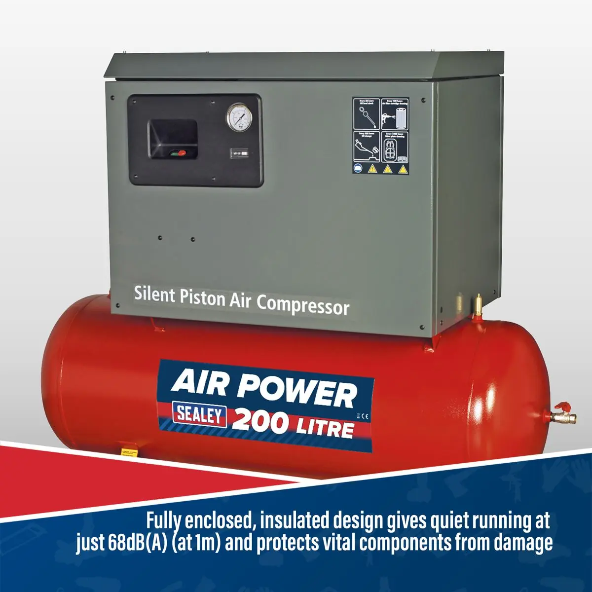 Sealey 200L Low Noise Belt Drive Air Compressor with Cast Cylinders 3hp - Image 7