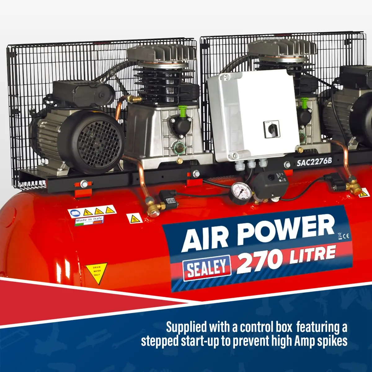 Sealey 270L Belt Drive Air Compressor with Cast Cylinders 2 x 3hp - Image 2