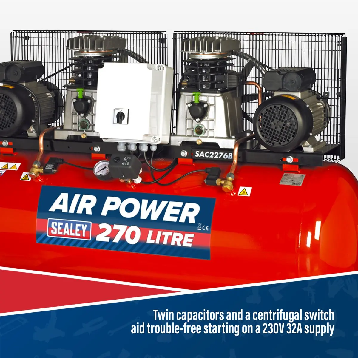 Sealey 270L Belt Drive Air Compressor with Cast Cylinders 2 x 3hp - Image 4